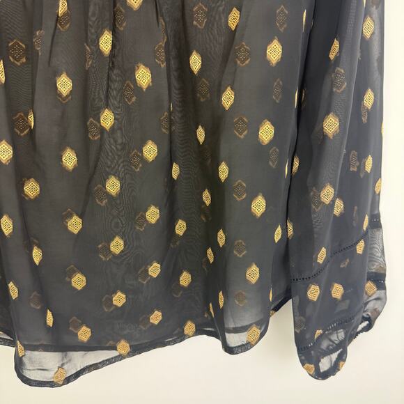 Lucky Brand Womens Medallion Embroidered Keyhole Sheer Black/Gold Blouse Medium - Picture 5 of 9